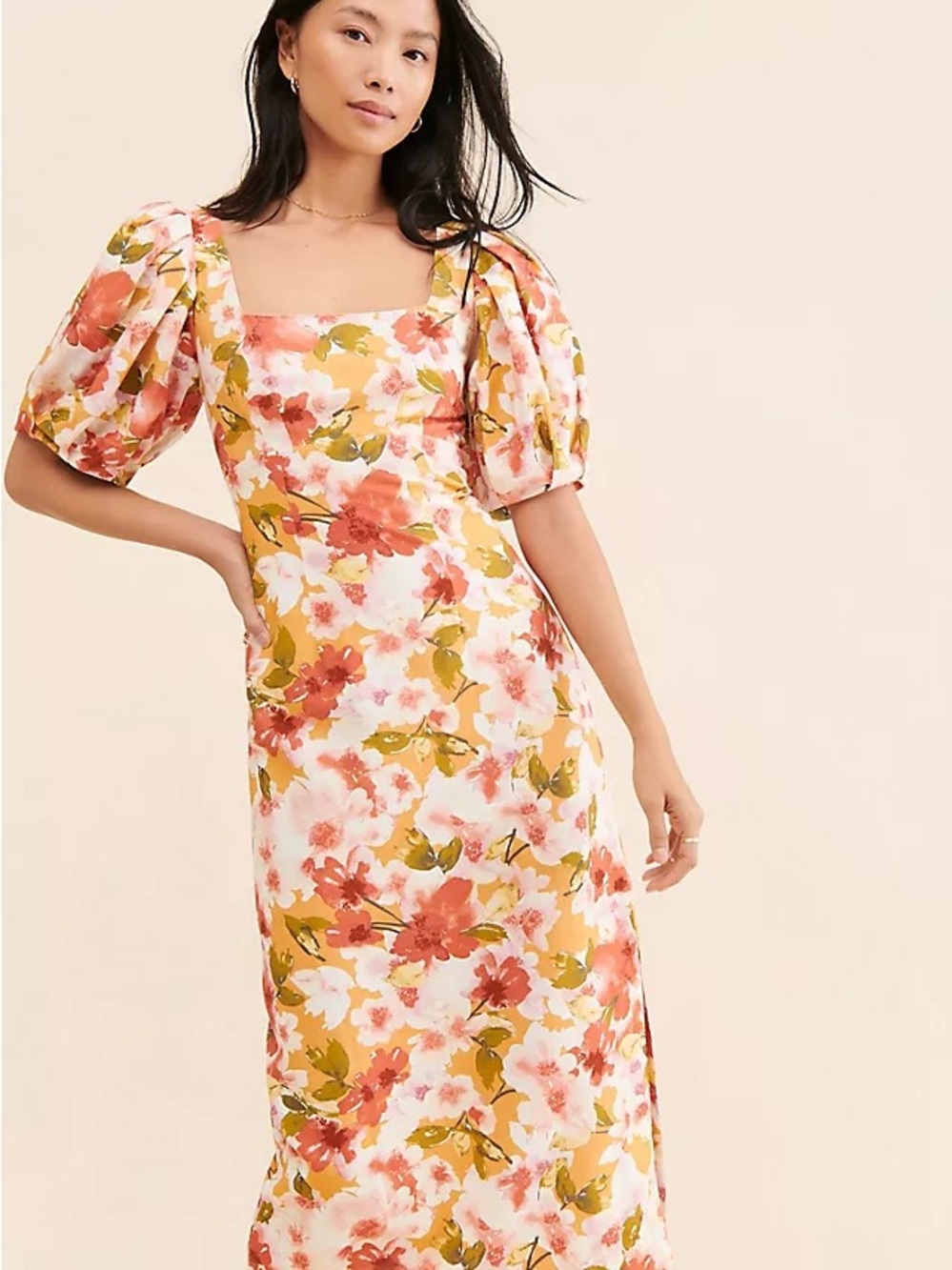 Moon River Cream Midi Dress with Rust Floral Print
